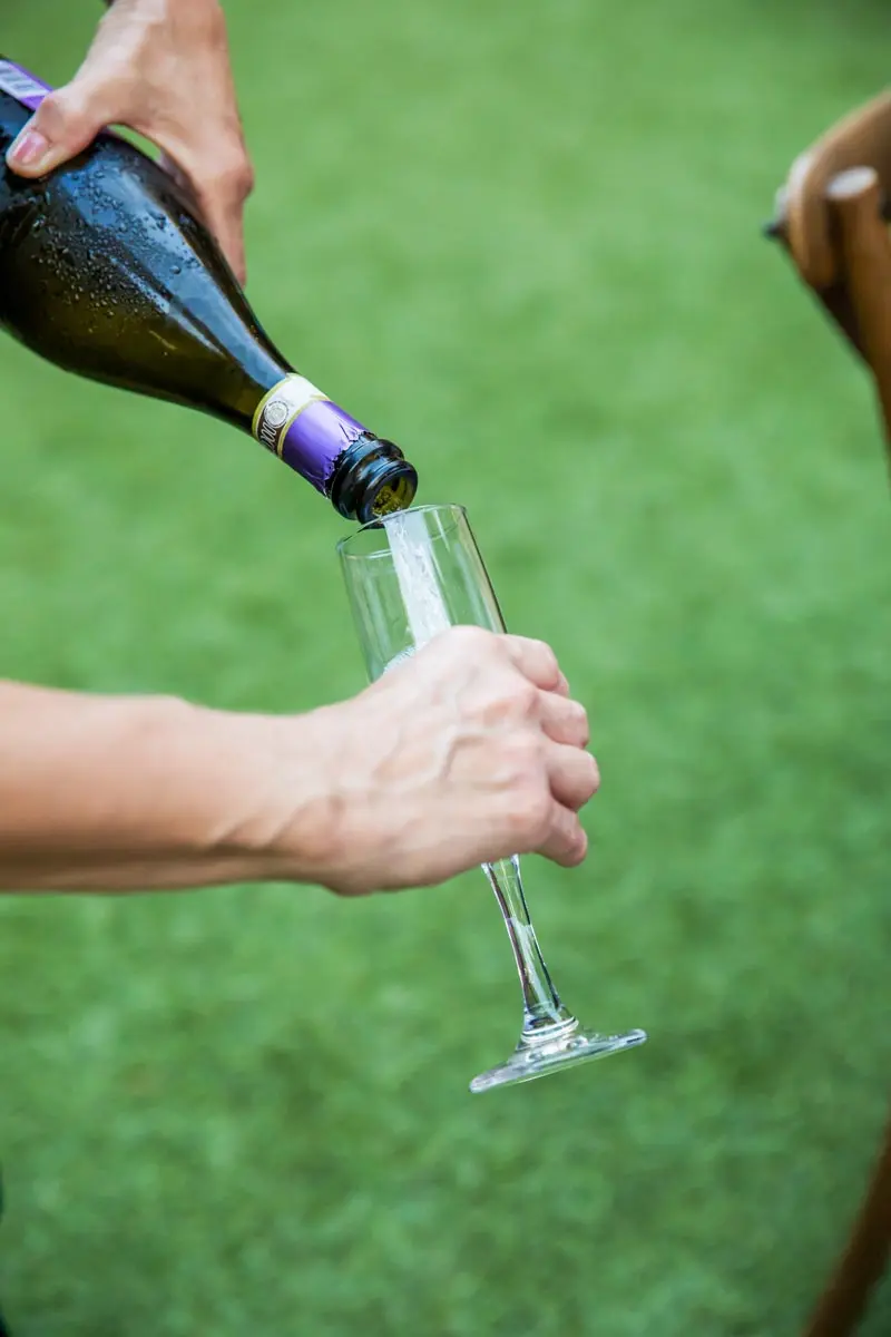 A close-up shot of a bottle pouring sparkling wine into a glass flute against a green background, serving as the featured image for a guide on San Diego corporate event planning.