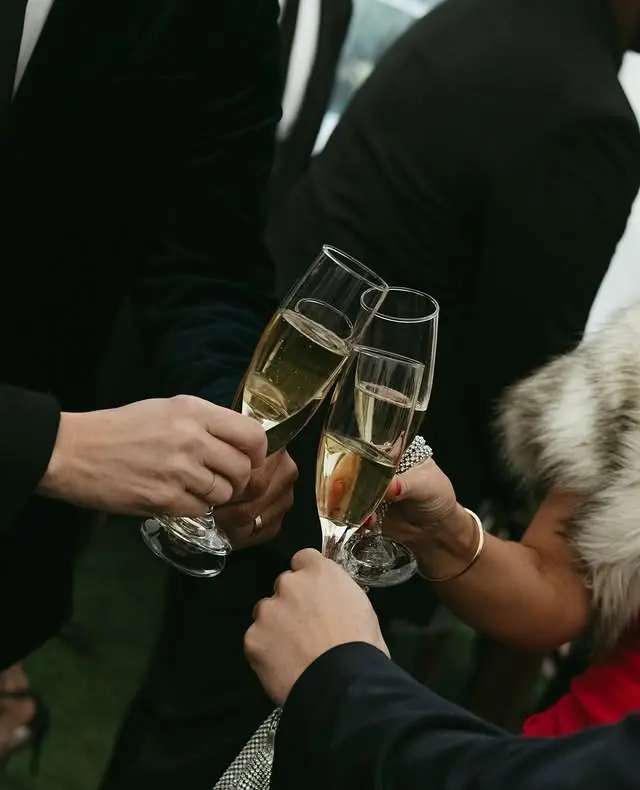 Close-up of professionals in formal attire clinking champagne glasses in a toast during an upscale corporate event in San Diego.